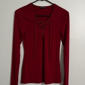 Express Crimson Lace-Up Long Sleeve Blouse